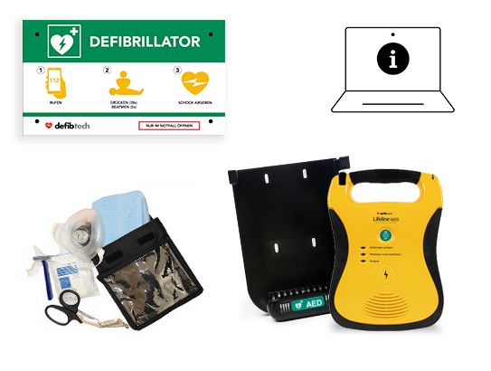 Kombipaket: Defibtech Lifeline AUTO AED, Defibcom, Notfalltafel und Safeset