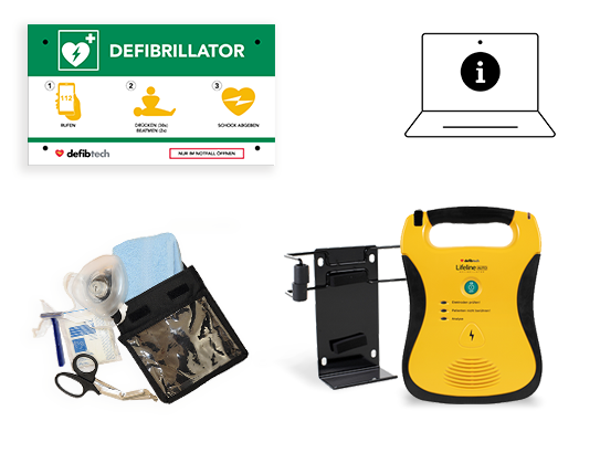 Kombipaket: Lifeline AUTO AED SG mit Wandhalterung, Notfalltafel und Safeset