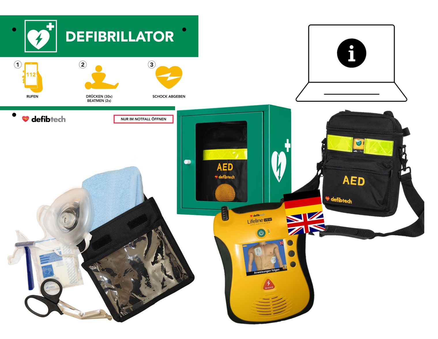 Kombipaket: Lifeline VIEW AED, Schutzschrank, Tasche, Notfalltafel und Safeset