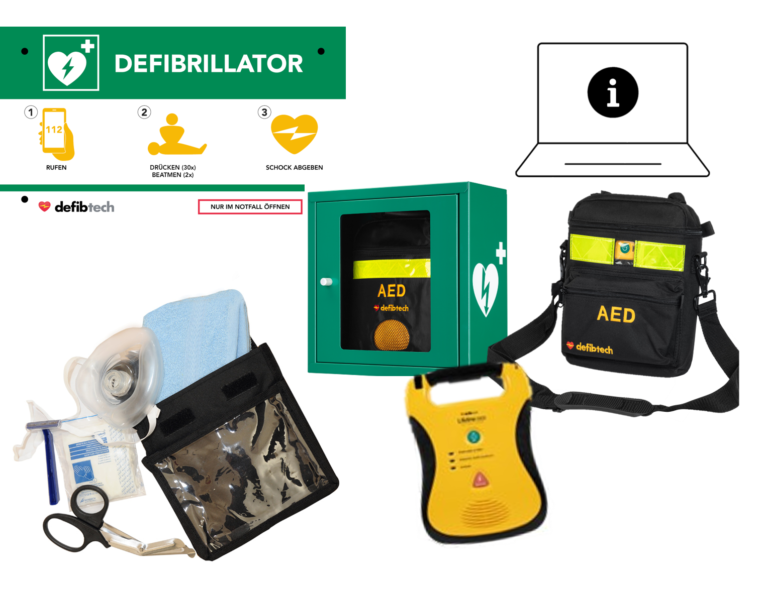 Kombipaket: Lifeline AED, Schutzschrank, Tasche, Notfalltafel und Safeset