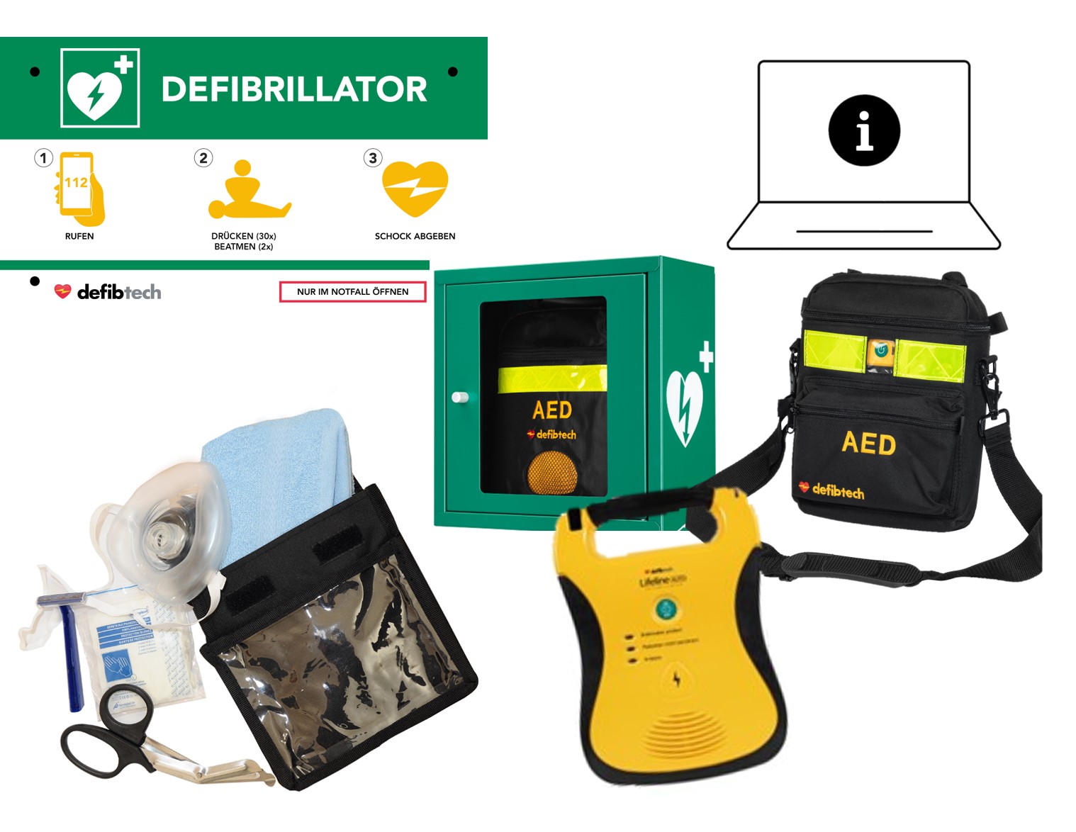 Kombipaket: Defibtech Lifeline AUTO AED, Schutzschrank, Tasche, Notfalltafel und Safeset