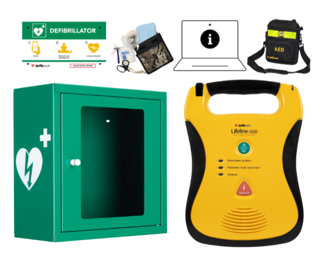 Kombipaket: Lifeline AED, Schutzschrank, Tasche, Notfalltafel und Safeset