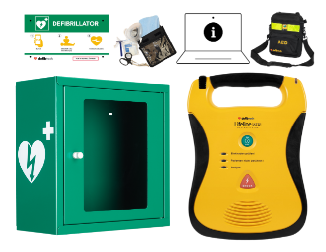 Kombipaket: Lifeline AED, Schutzschrank, Tasche, Notfalltafel und Safeset