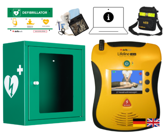 Kombipaket: Lifeline VIEW AED, Schutzschrank, Tasche, Notfalltafel und Safeset