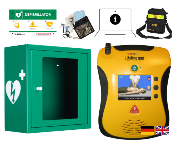 Kombipaket: Lifeline VIEW AED, Schutzschrank, Tasche, Notfalltafel und Safeset