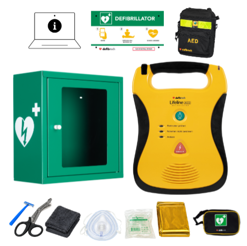 Kombipaket: Lifeline SG AED, Schutzschrank, Tasche, Notfalltafel, Safeset, Einweisung