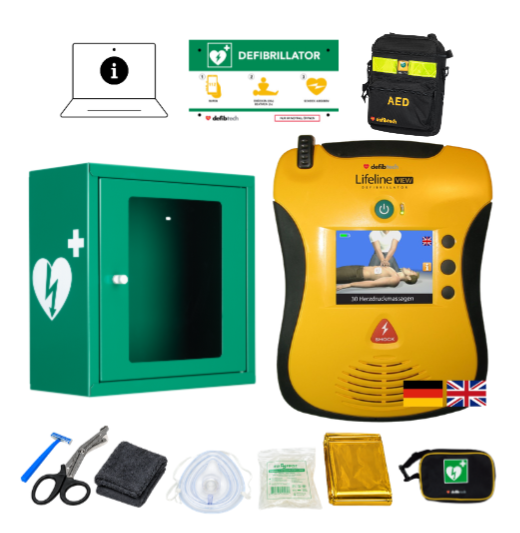 Kombipaket: Lifeline VIEW AED, Schutzschrank, Tasche, Notfalltafel, Safeset und Einweisung