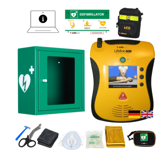 Kombipaket: Lifeline VIEW AED, Schutzschrank, Tasche, Notfalltafel, Safeset und Einweisung