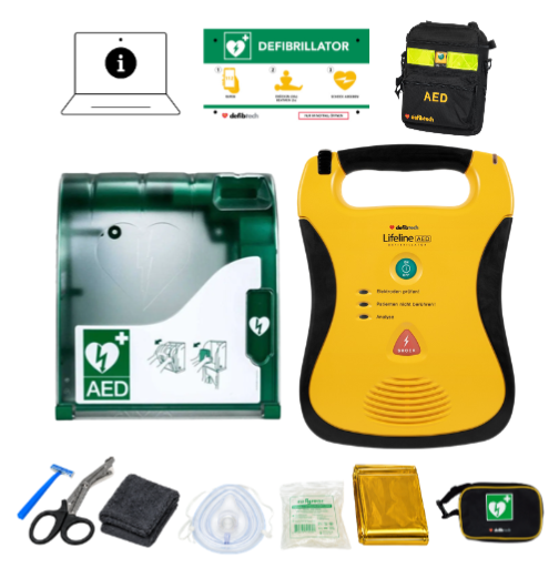 Kombipaket Außenbereich: Lifeline SG AED + Aivia Außenschrank, Tasche, Notfalltafel, Safeset und Einweisung