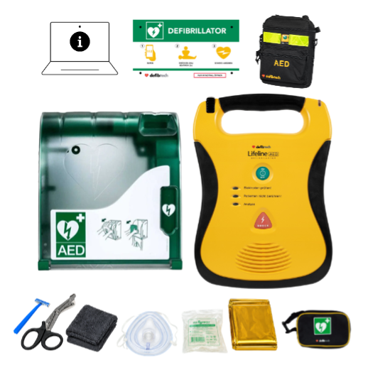 Kombipaket Außenbereich: Lifeline SG AED + Aivia Außenschrank, Tasche, Notfalltafel, Safeset und Einweisung